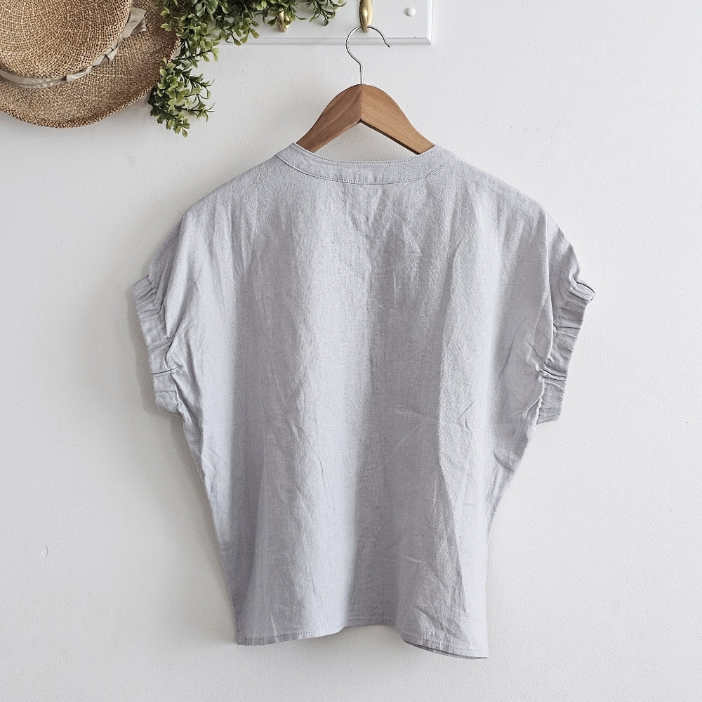 DKNY Elastic Cuff Linen Blend Button Up Shirt Gray XS Short Sleeve Dolman - Picture 6 of 12